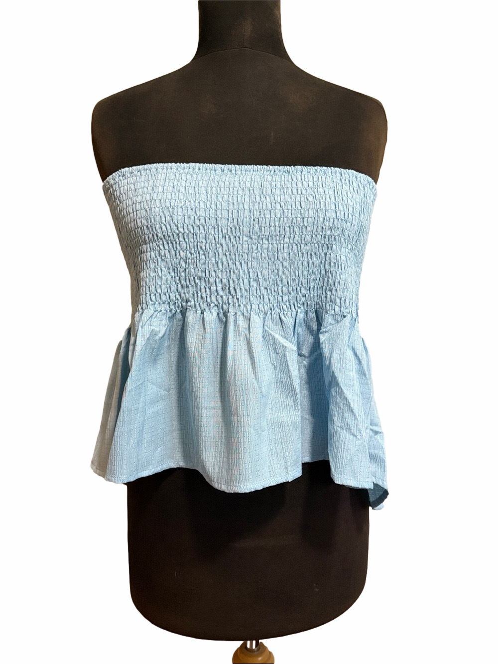 Light Blue Smocked Strapless / Tube-top Peplum Top